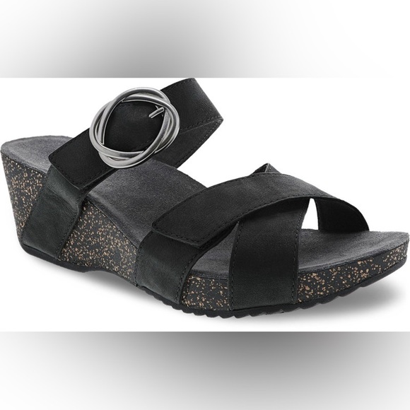 Dansko Shoes - Dansko Susie Black Milled Nubuck Strappy Buckle Cork Wedge Sandal Size 42